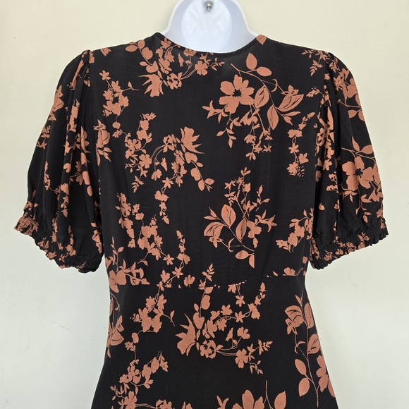 A New Day Black Terracotta Floral Midi Dress Sze XS Puff Sleeve Feminine Cottage - Picture 7 of 12